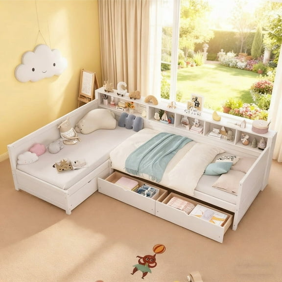 Mirightone Wood Twin Size Daybed for 2, Two Twin Bed Frame with Storage Drawers, L Shape Corner Bed for Bedroom, Living Room, White