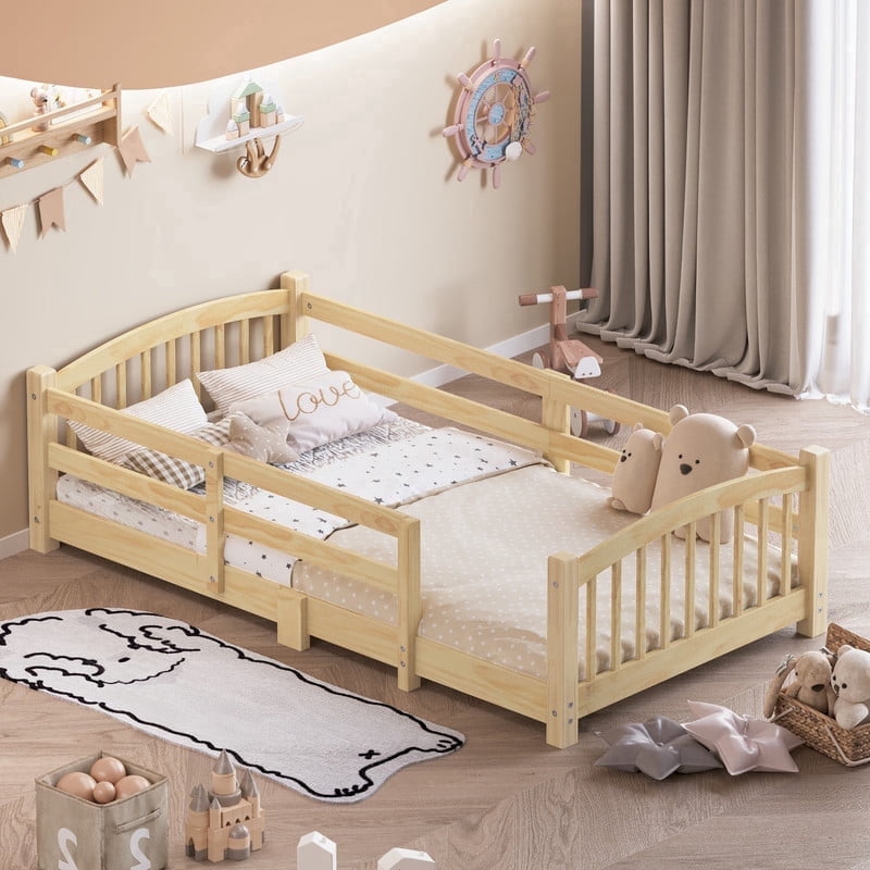Mirightone Wood Twin Size Floor Bed with Guardrails, Montessori Twin Bed with Slats, No Box Spring Needed - Natural
