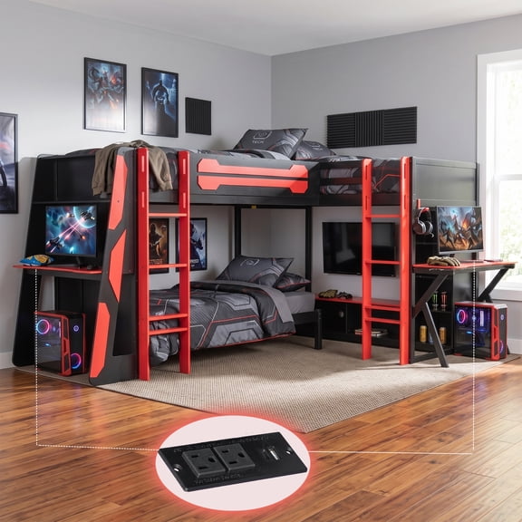 Mirightone Wood Twin Size Triple Bunk Bed with Desk, Storage, LED, Gaming L-Shaped Triple Bunk Bed for Adults Teens, Reversible Layout, Red