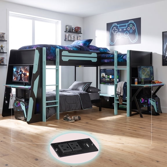 Mirightone Wood Twin Size Triple Bunk Bed with Gaming Desk and Storage, L-Shaped Gaming Bunk Bed with LED for Teens Adults, Reversible Layout, Blue