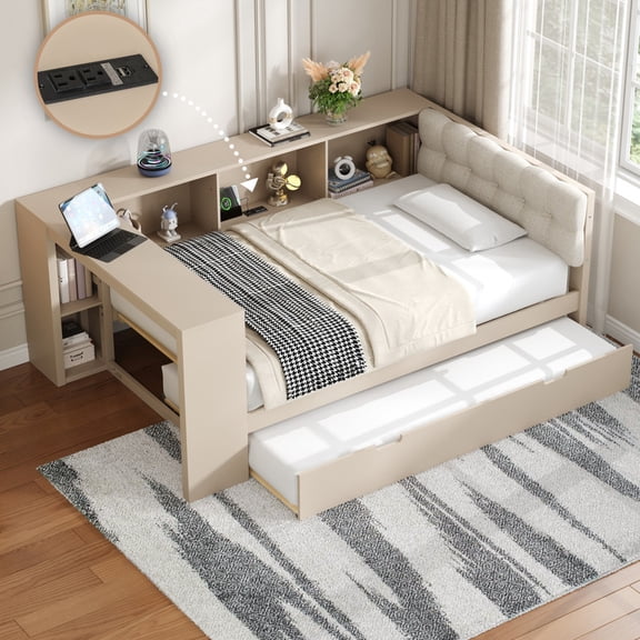 Mirightone Wood Twin Size Trundle Bed with Desk and Storage Shelves, Twin Daybed with Trundle and Upholstered Headboard for Adults Teens – Cream