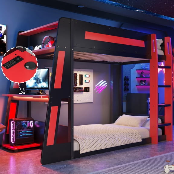 Mirightone Wood Twin over Twin Bunk Bed with Desk and Storage Shelves, Twin Size Gaming Bunk Bed with LED Light & Charging for Gamer - Black+Red