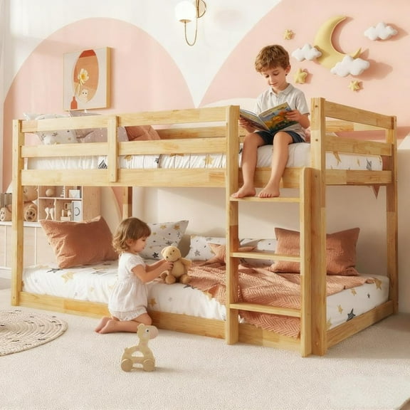 Mirightone Wooden Twin over Twin Floor Bunk Bed with Ladder, Low Bunk Bed Floor Twin over Twin, Upper Bed with Slats, Natural