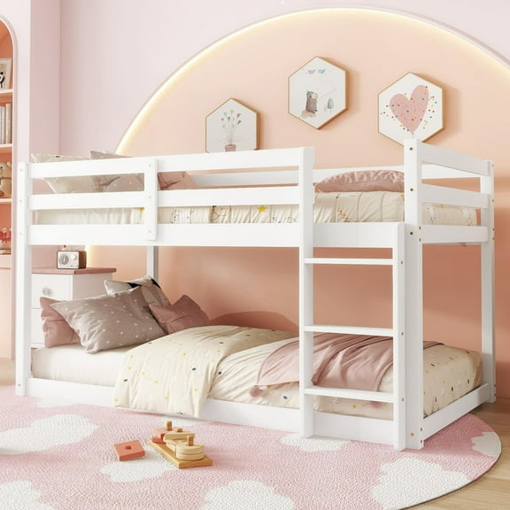 Mirightone Wooden Twin over Twin Floor Bunk Bed with Ladder, Low Bunk Bed Frame Twin over Twin, Upper Bed with Slats, White