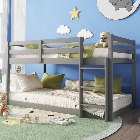 Mirightone Wooden Twin over Twin Floor Bunk Bed with Ladder, Low Twin over Twin Bunk Bed Frame, Upper Bed with Slats, Gray