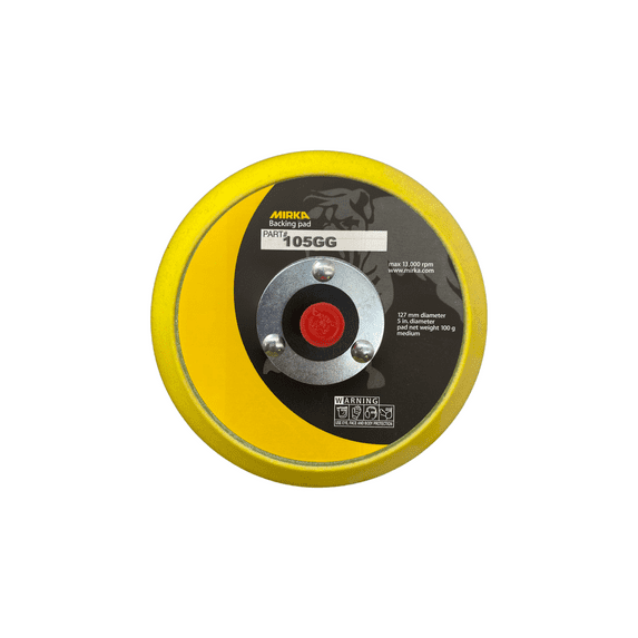 Mirka 105GG Grip Faced Back-Up Pad, 5 in Dia, Hook and Loop Attachment Yellow Foam/Black Hub