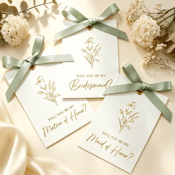 Mirlewaiy 11 Pack Bridesmaid Proposal Cards with Ribbon Bow, Floral Metallic Wedding Gift Cards Including 8 Bridesmaid, 2 Maid of Honor and 1 Matron of Honor Cards