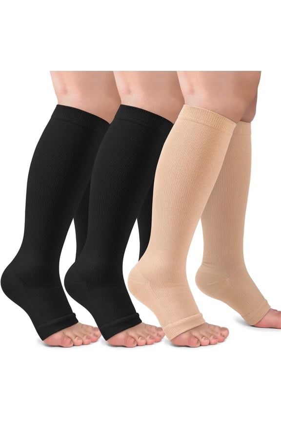 Copper Infused Compression Stockings, 20-30 mmHg Open Toe Knee High Socks for Improved Circulation, Swelling & Leg Recovery (3 Pairs)