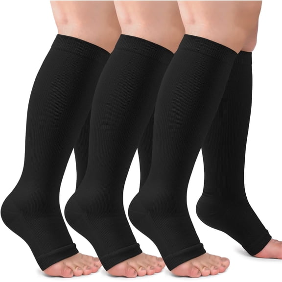 Mirlewaiy Copper Infused Compression Stockings, 20-30 mmHg Open Toe Knee High Socks for Improved Circulation, Swelling & Leg Recovery (3 Pairs)