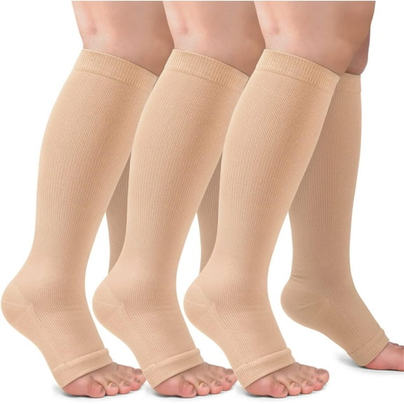 Mirlewaiy Copper Infused Compression Stockings, 20-30 mmHg Open Toe Knee High Socks for Improved Circulation, Swelling & Leg Recovery (3 Pairs)