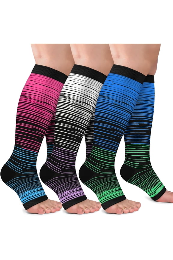 Copper Infused Compression Stockings, 20-30 mmHg Open Toe Knee High Socks for Improved Circulation, Swelling & Leg Recovery (3 Pairs)