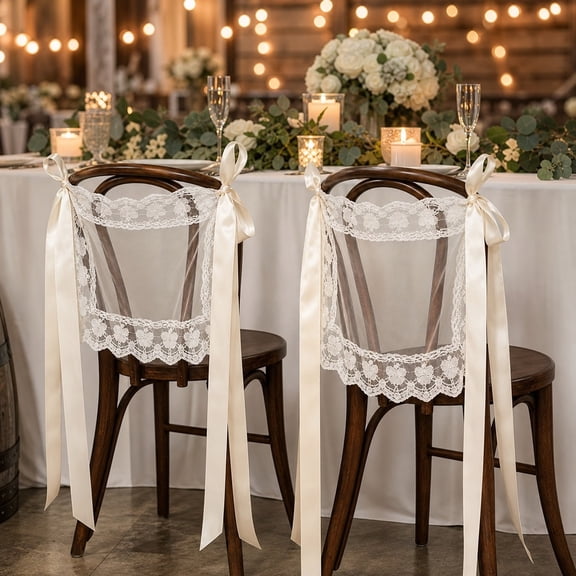 Mirlewaiy Just Married Wedding Chair Signs Set of 2, Sheer Lace Bride and Groom Chair Back Decor with Ribbon, Romantic Elegant Decor for Wedding Reception Ceremony Sweetheart Table
