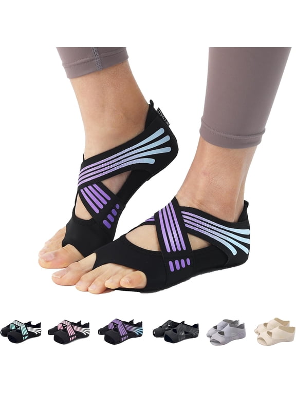 Women’s Toeless Yoga Socks with Non-Slip Grips & Straps, Breathable Pilates, Barre & Ballet Socks for Home Workout & Fitness