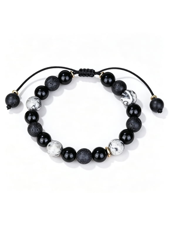 Mirleway adjustable braided bracelet, matte black acrylic and synthetic lava rock bead bracelet, hand woven string bracelet, casual neutral stretchable bead bracelet