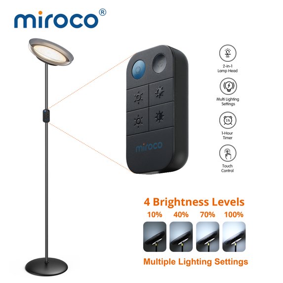 Miroco LED Torchiere Floor Lamp, 2-in-1 LED Floor Light with Adjustable Reading Lamp, 4 Brightness Levels 4 Color Temperatures Memory Function Timer for Living Room Bedroom Office, Black