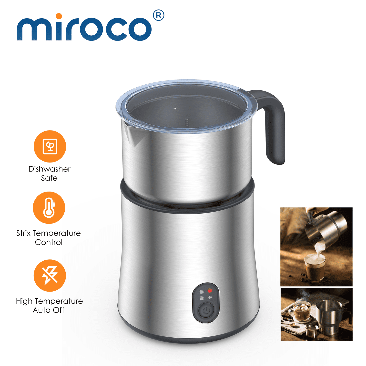 Miroco Milk Frother, Detachable Milk Frother, 4 in 1 16.9oz Automatic  Stainless Steel Milk Steamer, Silver