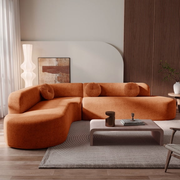 Mirod 122'' Extra Large Sectional Sofa Soft Fabric Upholstery, Elegant Curved Design with Three Round Cushions , High-Resilience Foam for Ultimate Comfort,Orange