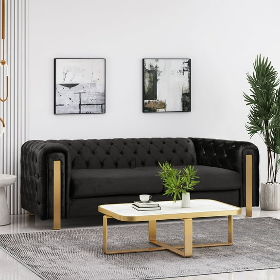 Mirod Comfy 3-Seat Velvet Sofa, Modern Glam Black Tuxedo Arm Design with Gold Accents & Iron Legs, 83.75" W, Perfect for Living Room