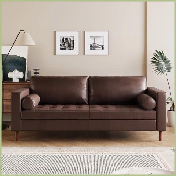 Mirod Mid-Century Modern 3-Seat PU Leather Sofa - Tufted Design, Solid Wood Legs & 2 Bolster Pillows for Living Room/Home Office
