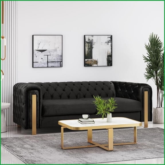 Mirod Modern Glam 3-Seat Velvet Sofa Tufted Back, Gold Metal Legs, Tight Back for Living Room