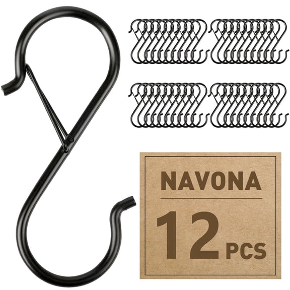 Miroddi 12Pcs Heavy Duty Rustproof Safety Buckle Design S Hook, Black S Hooks for Kitchen Utensil and Closet Rod, Hanging Plants, Pots and Pans, Bathroom, Bags, Black