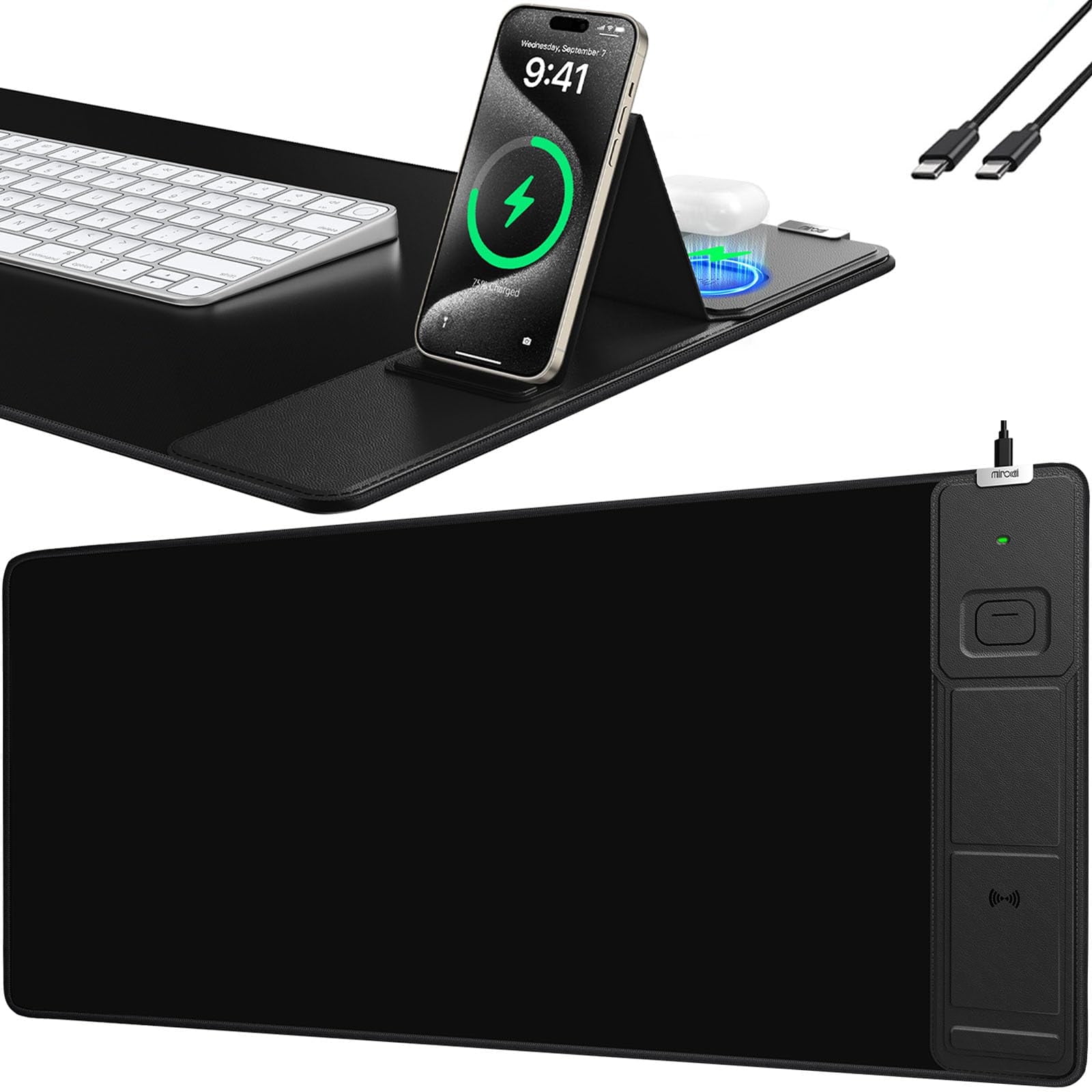 Miroddi Gaming Mouse Pad with Wireless Charging, Desk Mousepad with Phone Holder, 15W Fast Charging Large Computer Keyboard Mat for Home, Office