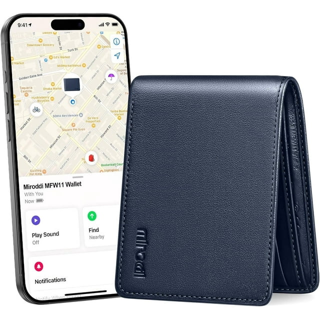 Miroddi Smart Wallet for Men with Built in Tracker Works for Find My App | RFID Blocking Genuine Leather Bifold Wallet with Cash Pockets & 8 Credit Card Slots, Navy