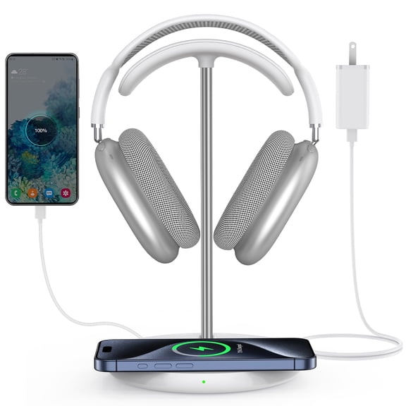 Miroddi Headphone Stand with Fast Wireless Charging, Charger Stand Dock for AirPods Max/Pro/4/3/2, iWatch, iPhone, Samsung and Desk Headphones