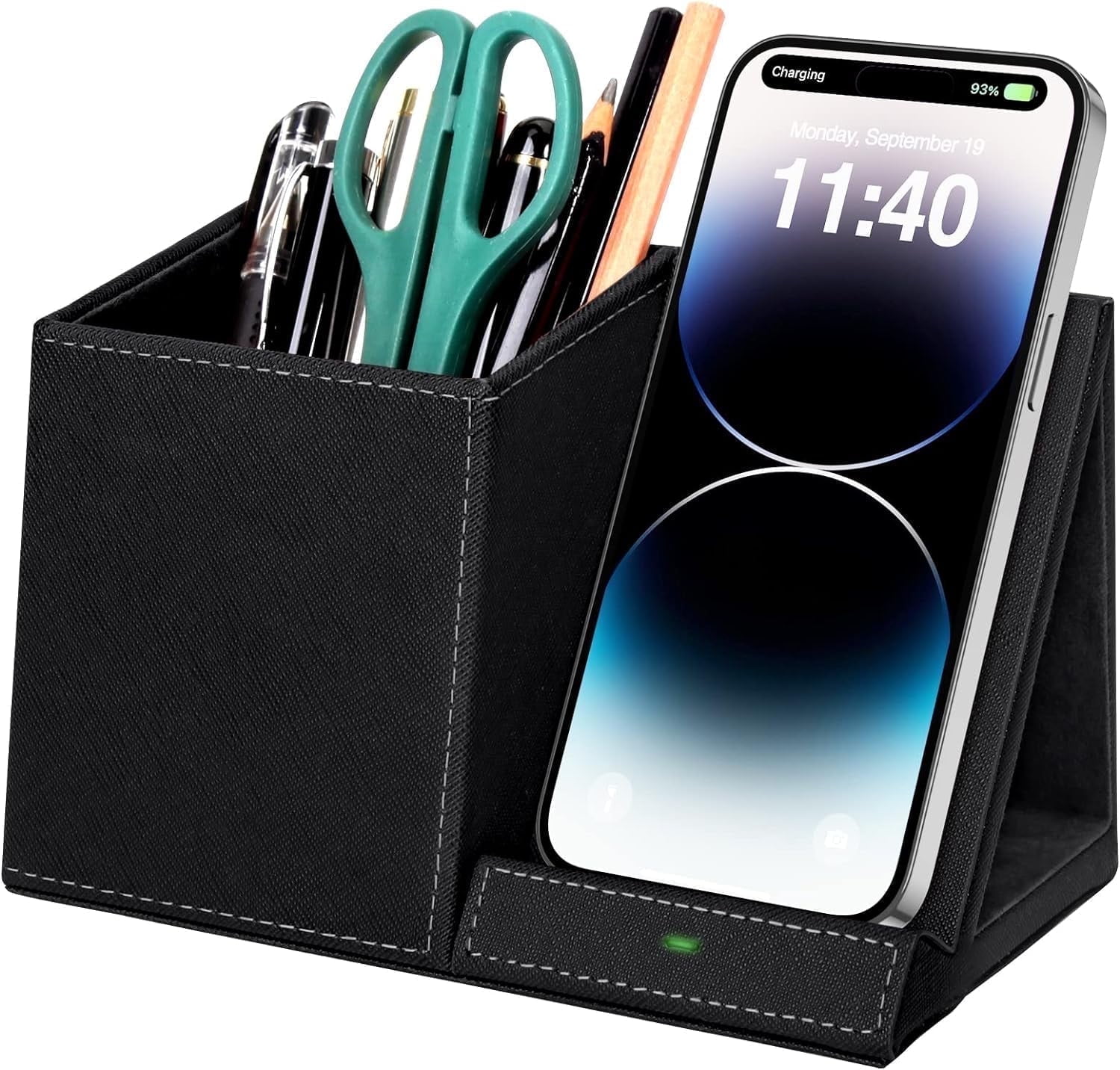 Miroddi Desk Organizer with Wireless Charging for iPhone, PU Leather with Pencil Holder for Desk & Nightstand, 1 Pack