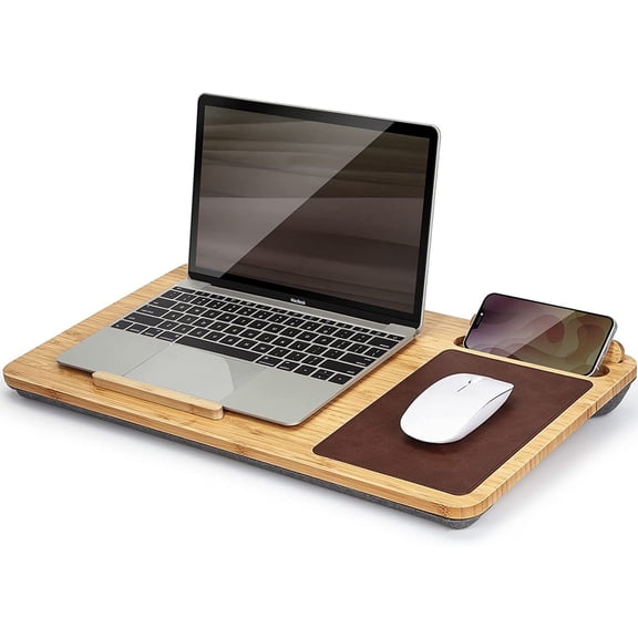 Miroddi Portable Bamboo Lap Desk for Laptop, Lightweight Wood Lapdesk Bed Table Fits up to 15.6 inches, Tray Table with Mouse Pad & Phone Holder