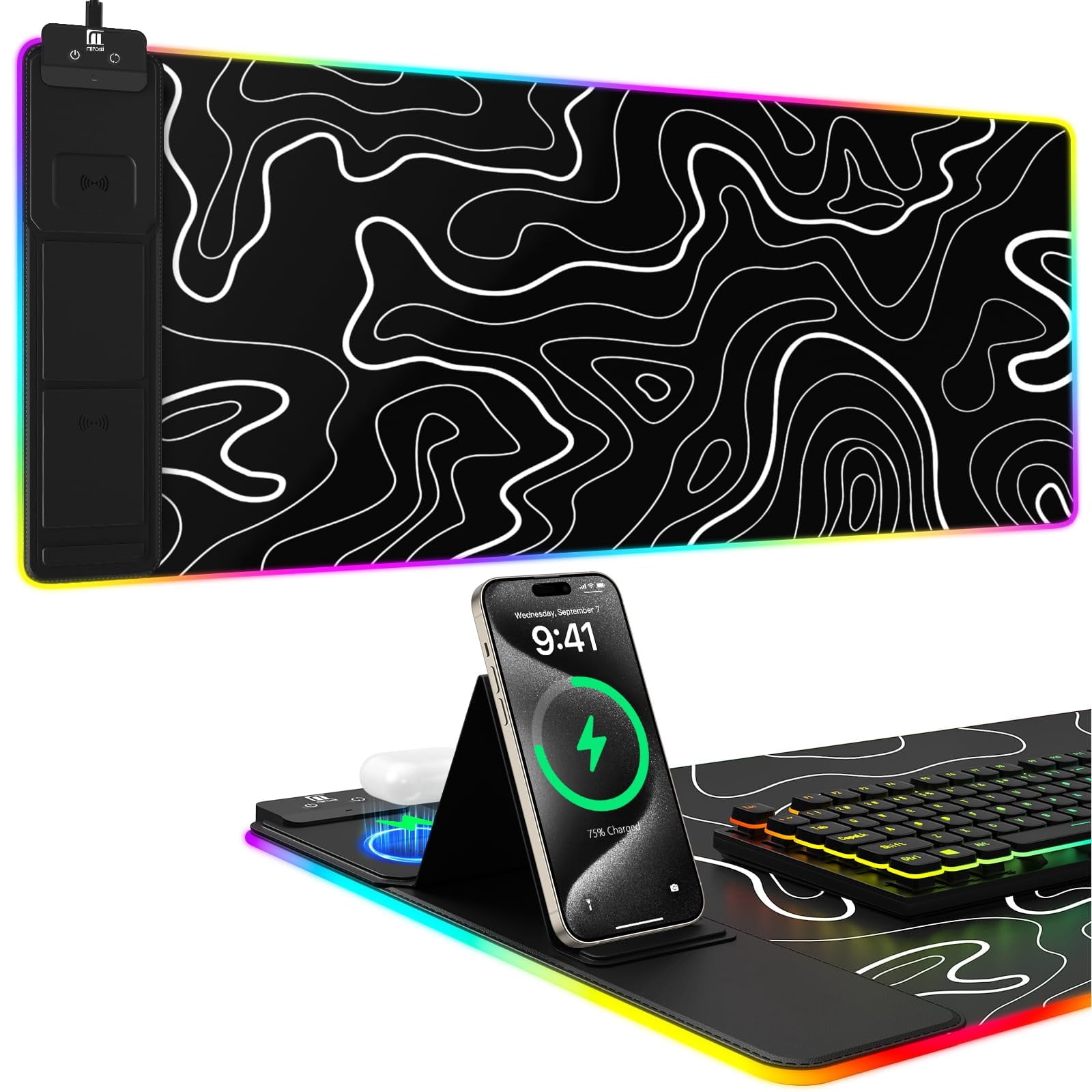 Miroddi RGB Gaming Mouse Pad with Wireless Charger, LED Mouse Mat with Phone Holder, Ultra-Smooth Surface, Non-Slip Rubber Base, Waterproof Keyboard Pad