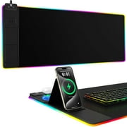 Miroddi RGB Gaming Mouse Pad with Wireless Charger, LED Mouse Mat with Phone Holder, Ultra-Smooth Surface, Non-Slip Rubber Base, Waterproof Keyboard Pad