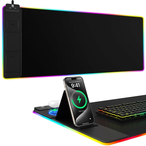 Miroddi RGB Gaming Mouse Pad with Wireless Charger, LED Mouse Mat with Phone Holder, Ultra-Smooth Surface, Non-Slip Rubber Base, Waterproof Keyboard Pad