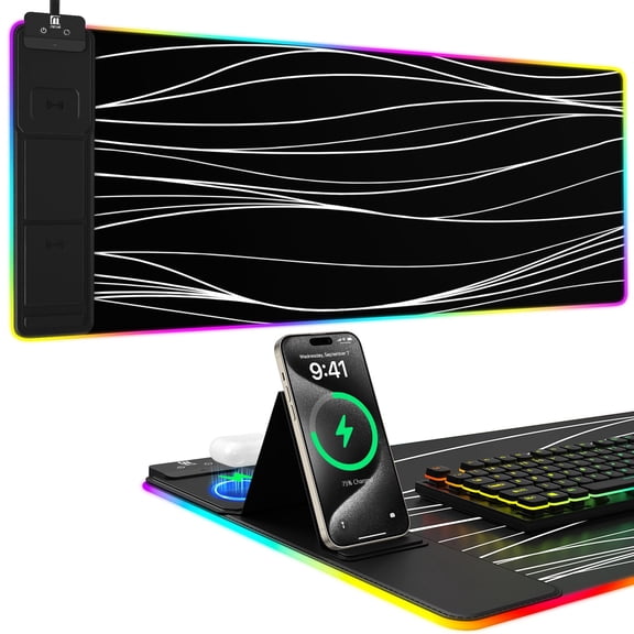 Miroddi RGB Gaming Mouse Pad with Wireless Charger, LED Mouse Mat with Phone Holder, Ultra-Smooth Surface, Non-Slip Rubber Base, Waterproof Keyboard Pad