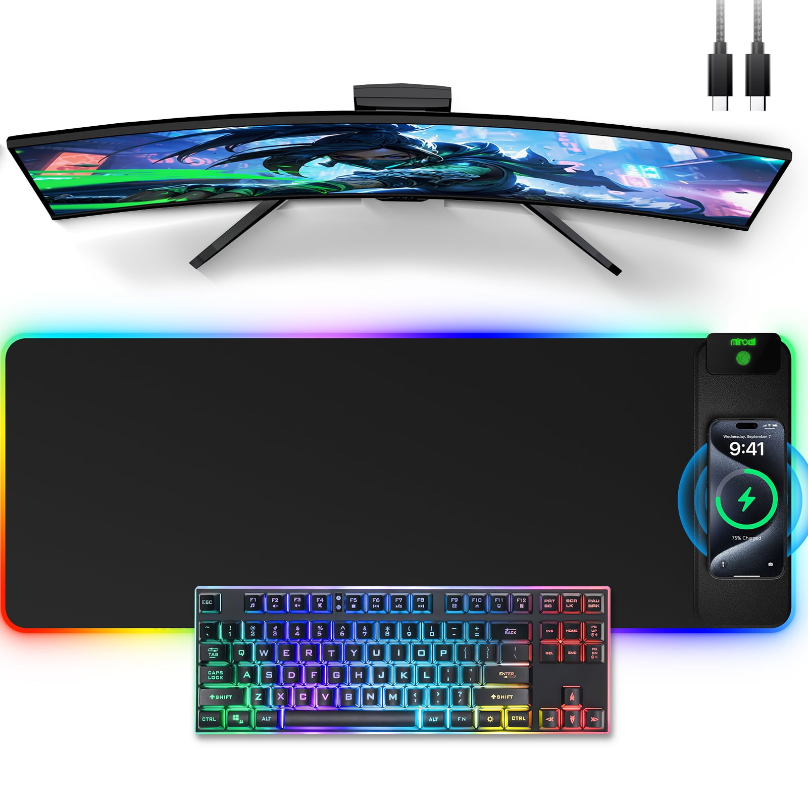 Miroddi RGB Gaming Mouse Pad with Magnetic Wireless Charging, 15W Fast Charging LED Desk Pad 31.5 x 11.81, Large Computer Keyboard Mat for Home, Office