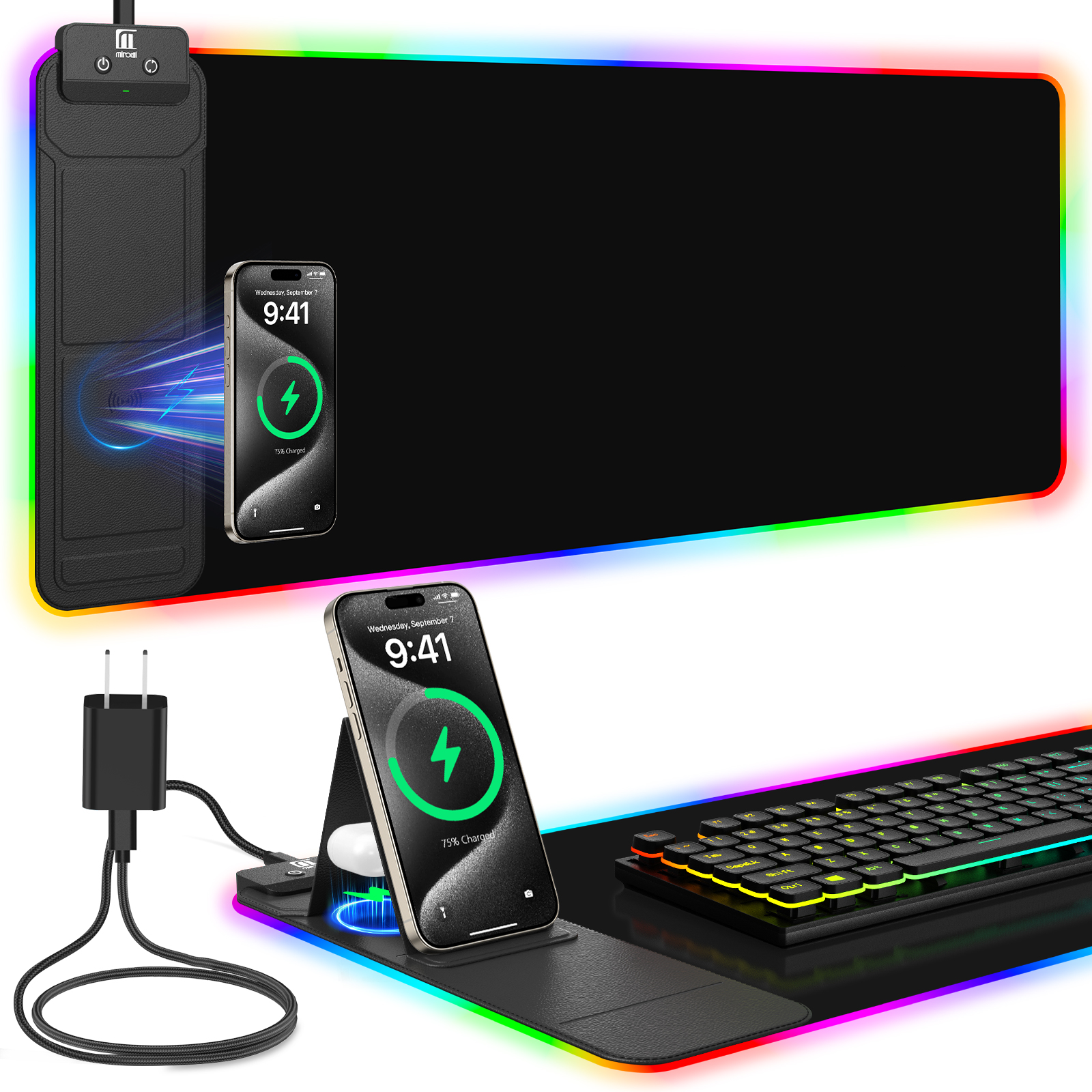 Miroddi RGB Gaming Mouse Pad with Wireless Charger, LED Mouse Mat with Phone Holder, Ultra-Smooth Surface, Non-Slip Rubber Base, Waterproof Keyboard Pad