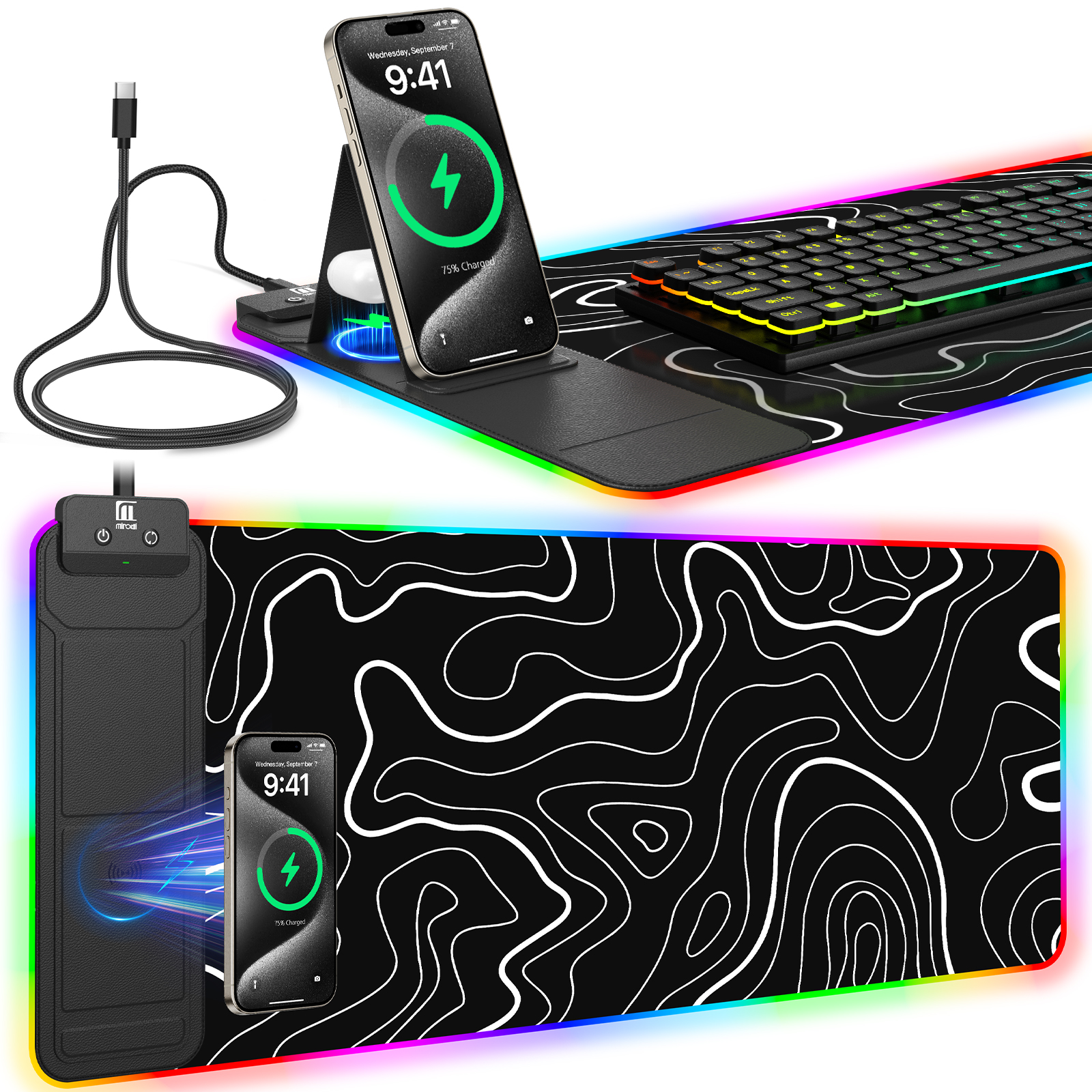 Miroddi RGB Gaming Mouse Pad with Wireless Charger, LED Mouse Mat with Phone Holder, Ultra-Smooth Surface, Non-Slip Rubber Base, Waterproof Keyboard Pad