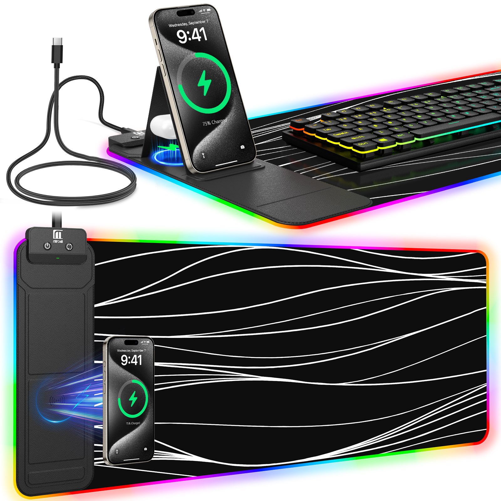 Miroddi RGB Gaming Mouse Pad with Wireless Charger, LED Mouse Mat with Phone Holder, Ultra-Smooth Surface, Non-Slip Rubber Base, Waterproof Keyboard Pad