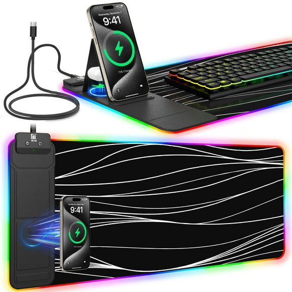 Miroddi RGB Gaming Mouse Pad with Wireless Charger, LED Mouse Mat with Phone Holder, Ultra-Smooth Surface, Non-Slip Rubber Base, Waterproof Keyboard Pad