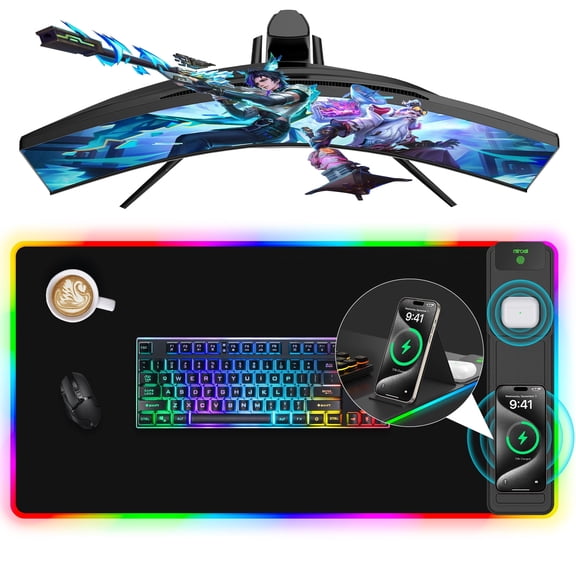 Miroddi RGB Gaming Mouse Pad with Wireless Charging, LED Desk Mousepad with Phone Holder, 15W Fast Charging Computer Keyboard Mat for Home, Office