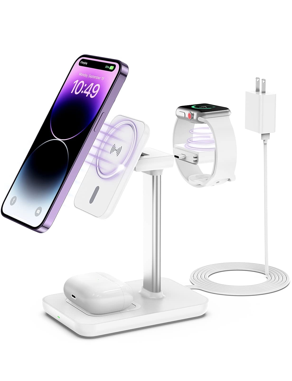 Miroddi Magnetic Wireless Charging Station Compatible for iPhone, Apple Watch, AirPods, 3-in-1 Wireless Charging Stand with 20W Quick Charger, Gifts for Him Her, White
