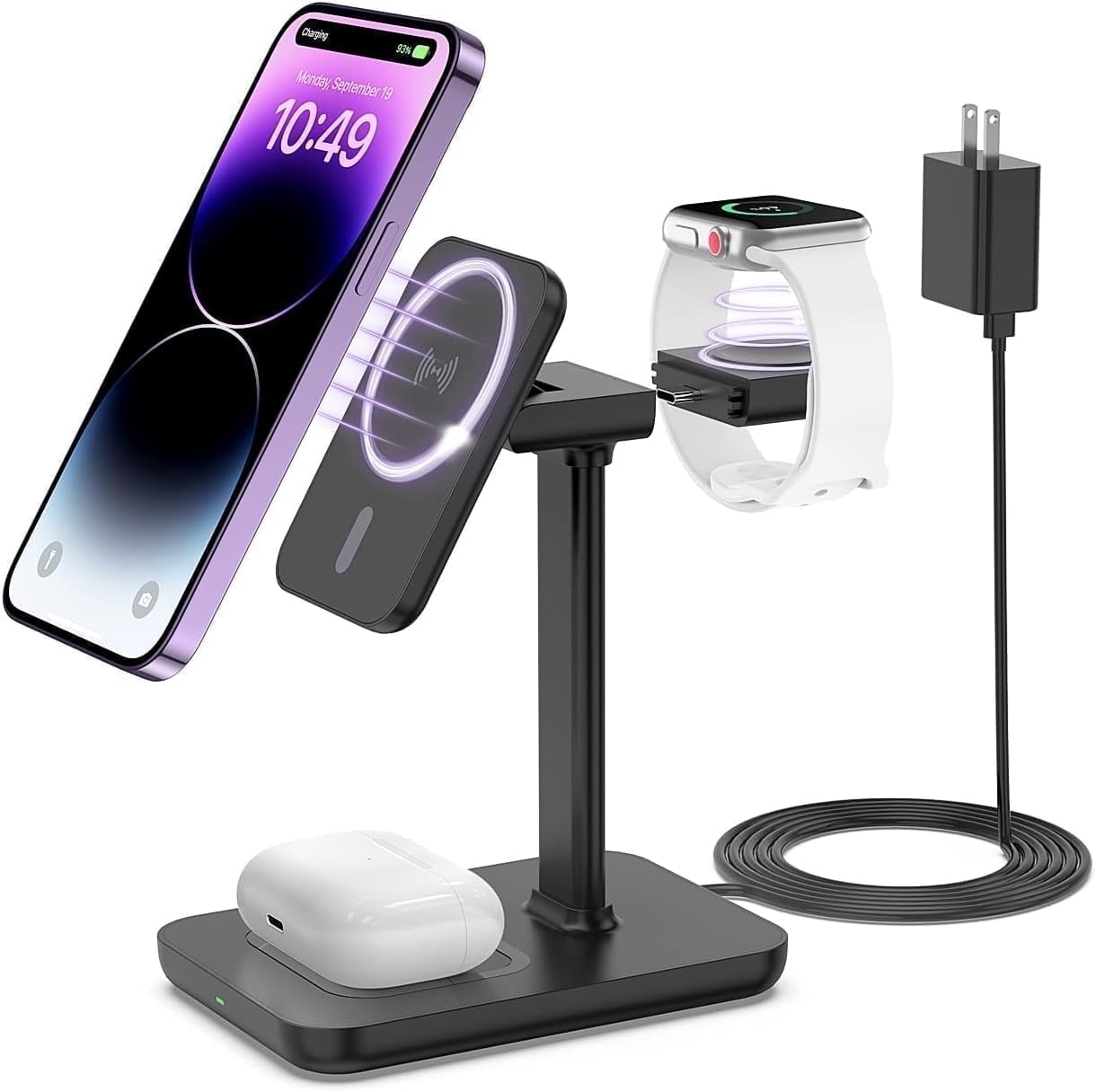 Miroddi 3 in 1 Wireless Charging Station for Apple Devices, 15W Fast Wireless Mag-Safe Charger Stand for iPhone 16 15 14 13 12 Pro Max/Plus/Pro/Mini, iWatch, AirPods