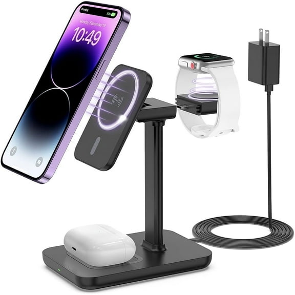 Miroddi 3 in 1 Wireless Charger, Fast Charger, Charging Station for iPhone 16 15 14 13 12 Series, Apple Watch Charger, Charging Stand Dock for AirPods, Black