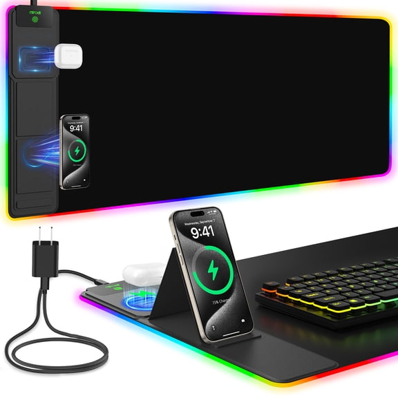 Miroddi Wireless Charging RGB Mouse Pad, 31.5"x15.75" Large Desk Pad Rubber, 15W Fast Charging LED Desk Mat for iPhone Airpods Gaming Home Office