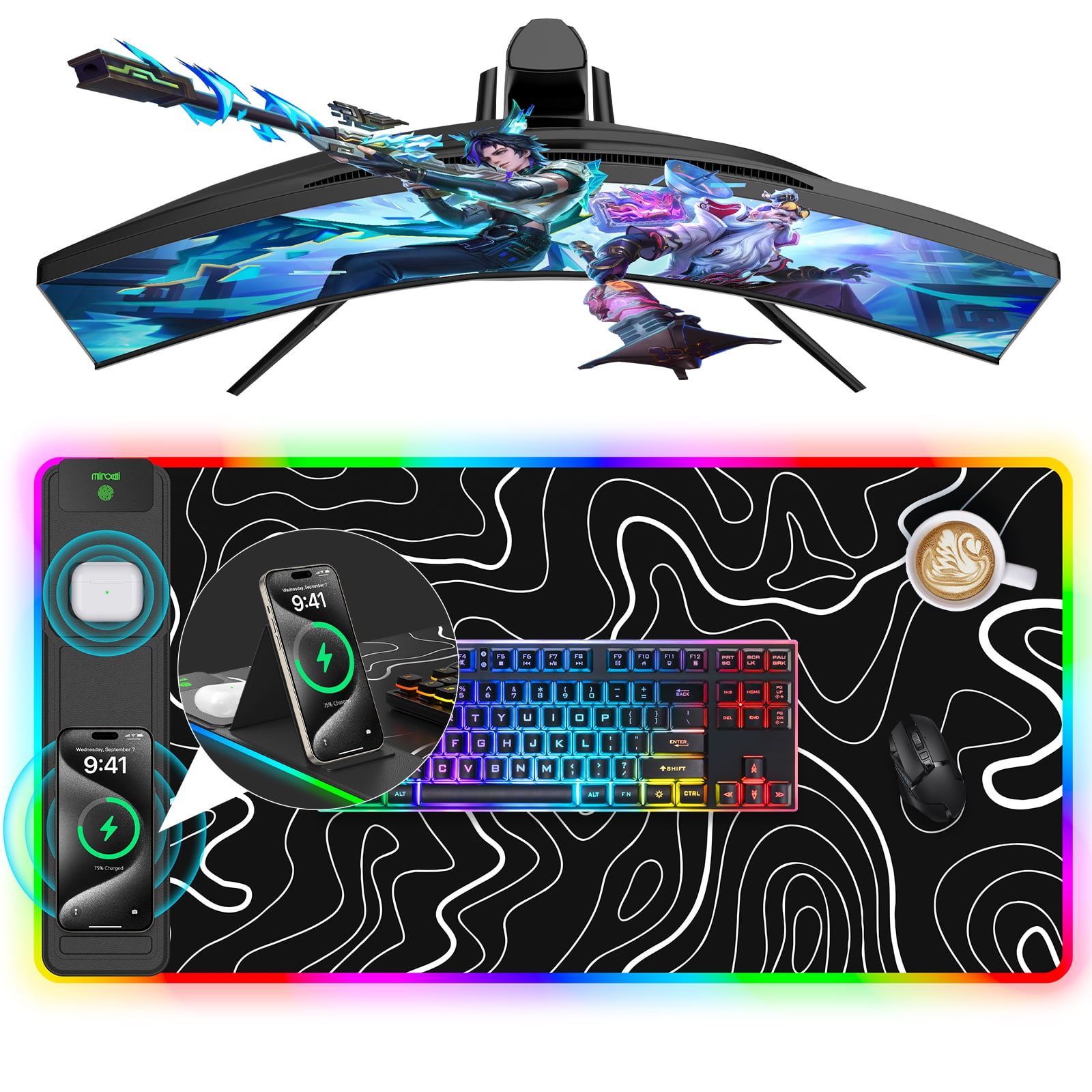Miroddi Wireless Charging RGB Mouse Pad, 31.5"x15.75" Large Desk Pad Rubber, 15W Fast Charging LED Desk Mat for iPhone Airpods Gaming Home Office