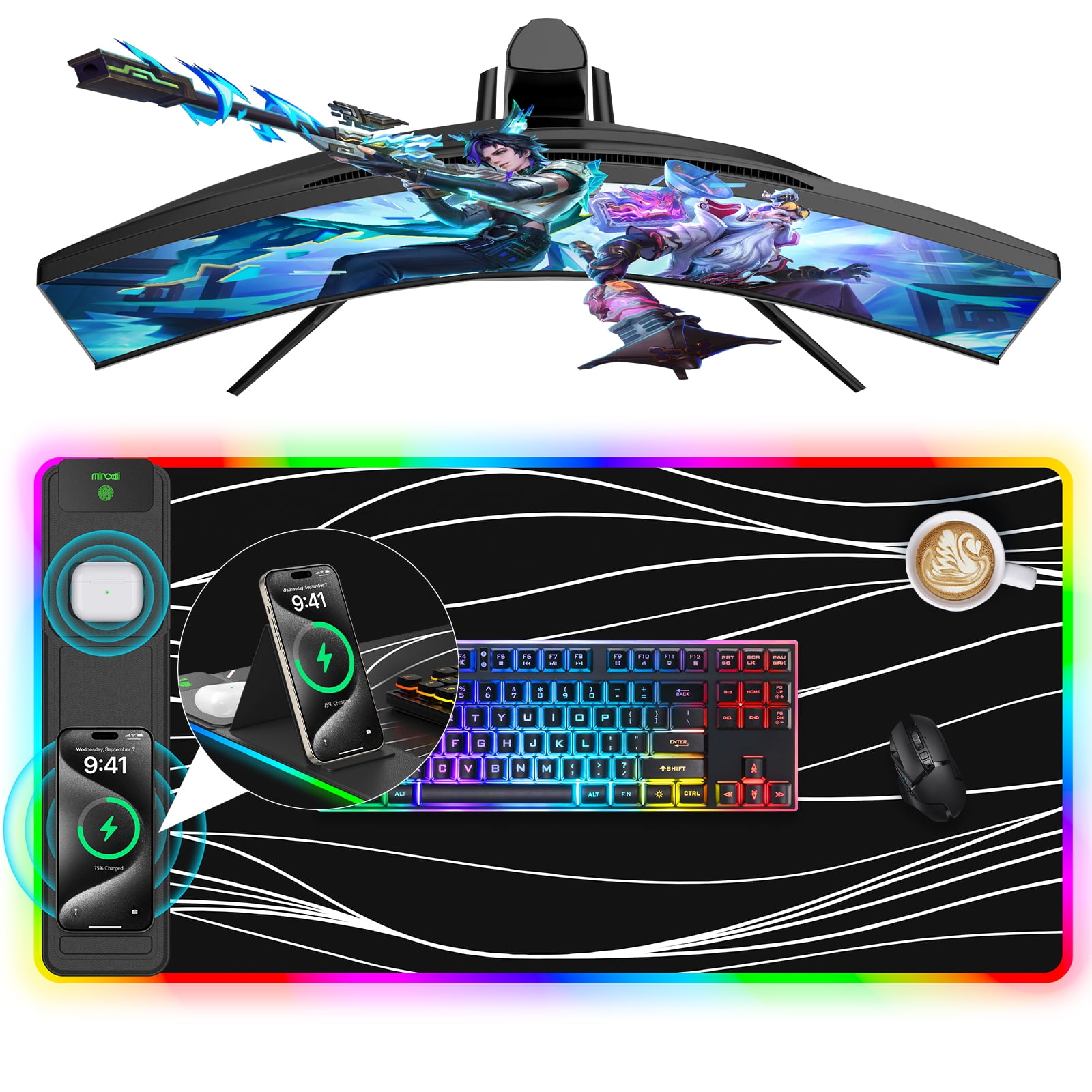Miroddi Wireless Charging RGB Mouse Pad, 31.5"x15.75" Large Desk Pad Rubber, 15W Fast Charging LED Desk Mat for iPhone Airpods Gaming Home Office