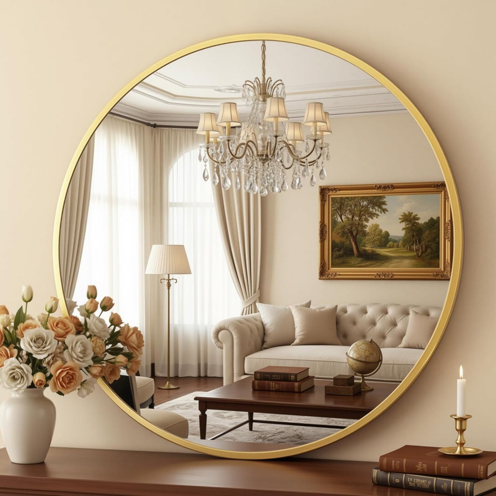 Mirolume 24" Bathroom Mirror Round Wall Mirror Mirror Wall Mounted Leaning Classic, Gold