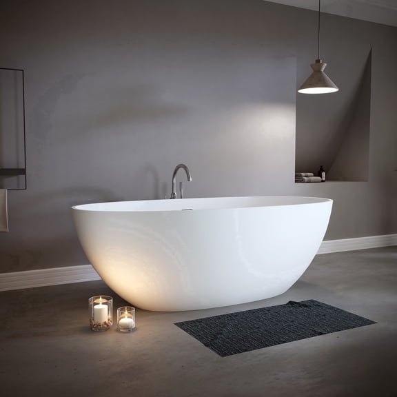 LIGMIRR 65" Stone Resin Freestanding Bathtub, Oval Shape Solid Surface Bathroom Stand Alone Tubs with with Overflow and Pop-up Drain, Matte White