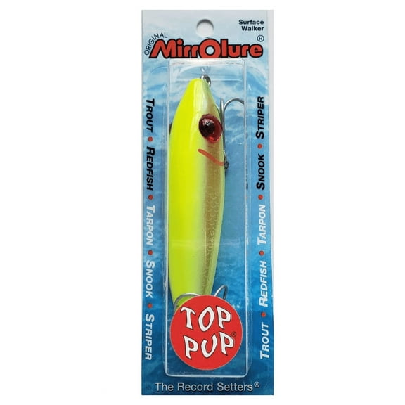 MirrOlure 74MR-CH Top Pup Rattling Surface Walker 3 1/2" 5/8 oz, Chartreuse Gold