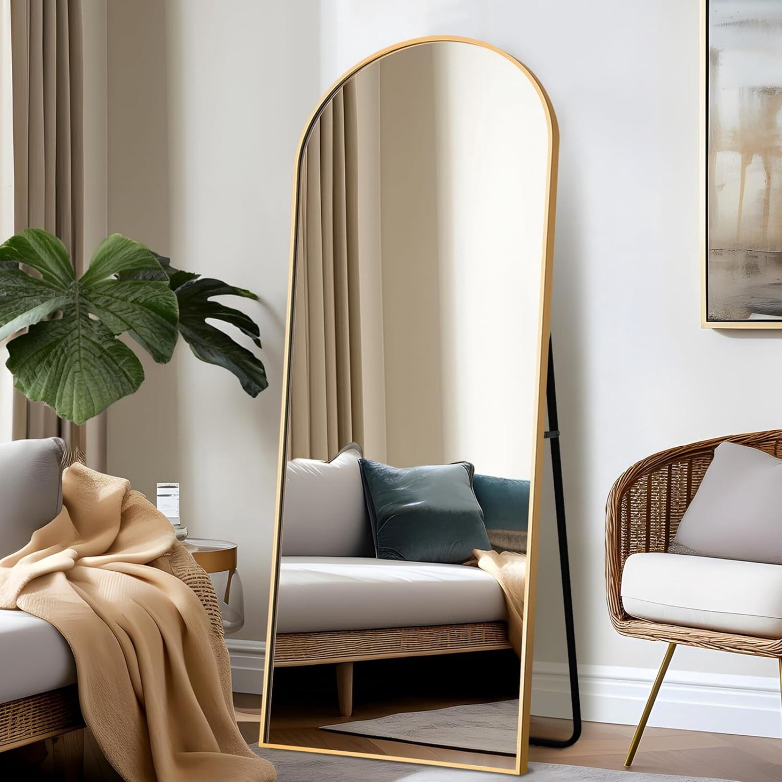 Mirrasia 21.1"x64" Arched Full Length Metal Mirror with stand, Gold